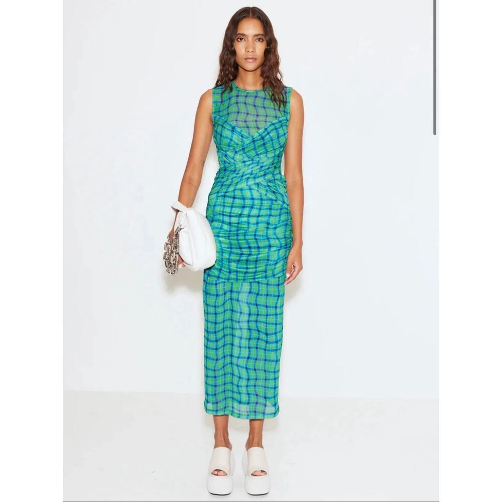 Simon Miller Sz M Kinny Ruched Plaid Mesh Midi Dress Anthropologie Green Blue - Picture 2 of 12